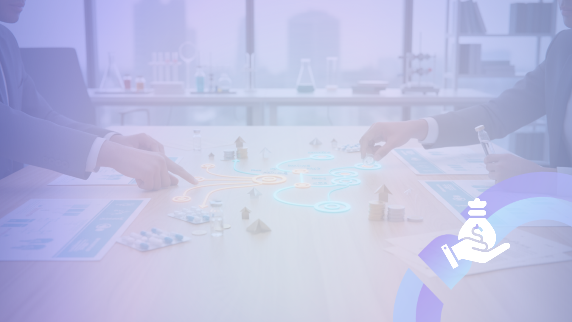 Financing socially responsible drug development Two professionals in a lab setting arrange glowing pathways, coins, and trial markers over a clinical study layout, symbolising how funding decisions shape socially responsible drug development from early research to patient impact.